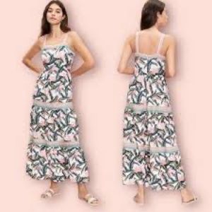 Loft NWT bird of paradise tropical print linen tiered maxi dress size 8 beachy